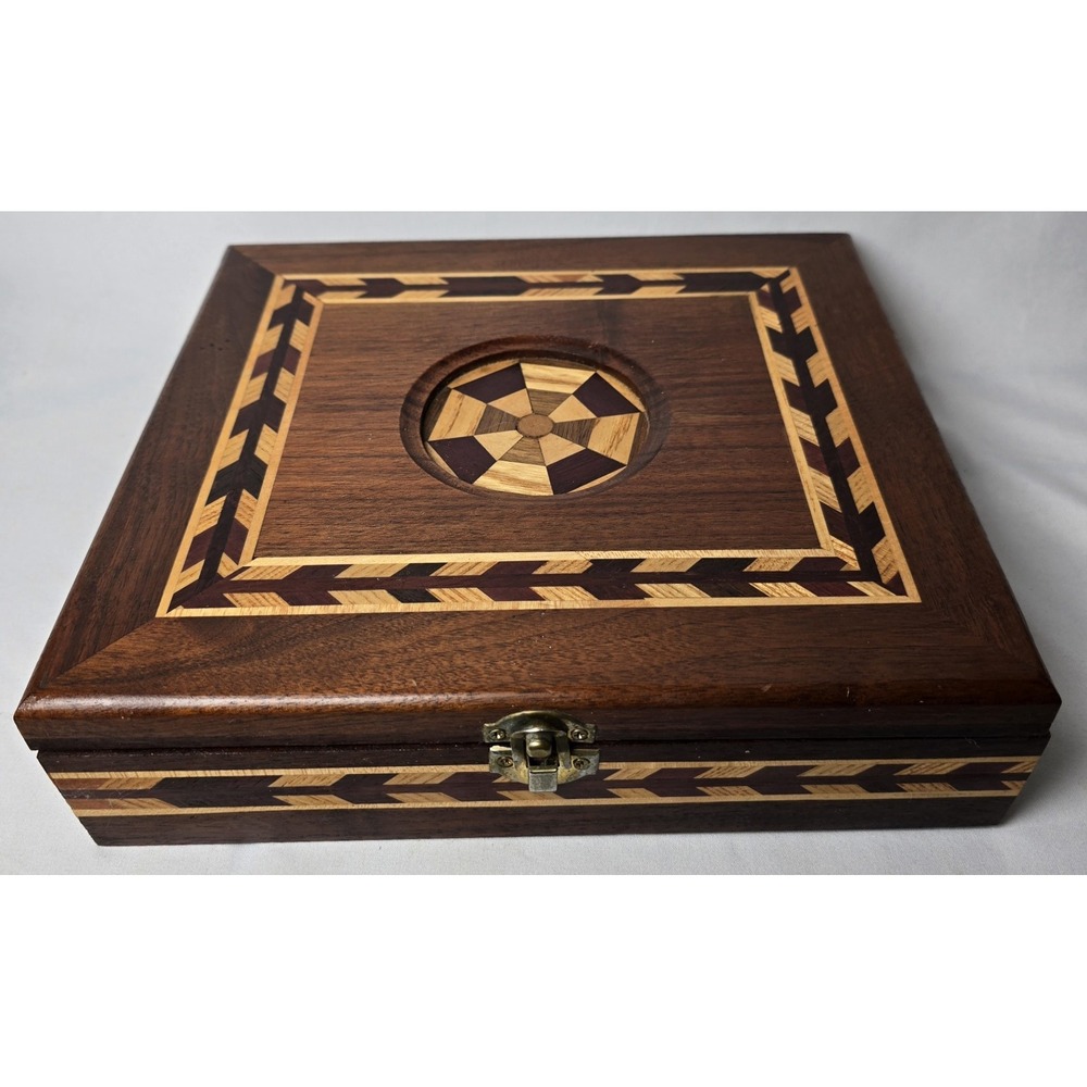 Vintage Wood Marquetry Wood Inlaid Box Jewlery Sewing Art Deco Trinket Storage